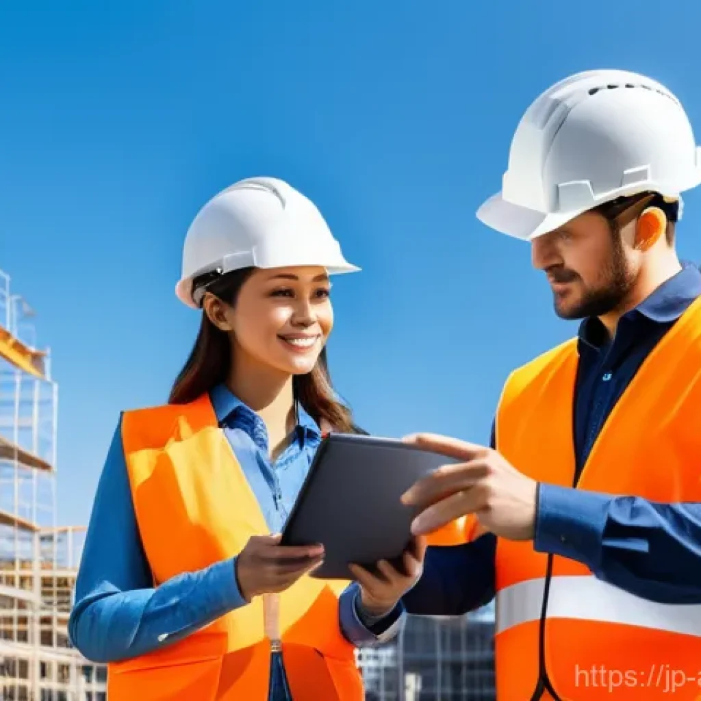 건축기술사 실무에서 자주 발생하는 문제 - A group of male and female construction engineers, all wearing standard professional safety helmets,...