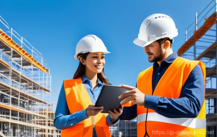 건축기술사 실무에서 자주 발생하는 문제 - A group of male and female construction engineers, all wearing standard professional safety helmets,...