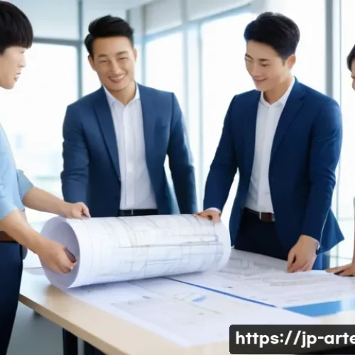 건축기술사 자격증으로 기업 내부 승진 사례 - A confident Japanese male architect wearing business casual attire with a neatly buttoned shirt and ...