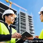 건축기술사와 구조설계 기술 연계 - A detailed scene inside a modern architectural construction site in Japan, showing a 建築技術士 (architec...