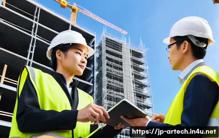 건축기술사와 구조설계 기술 연계 - A detailed scene inside a modern architectural construction site in Japan, showing a 建築技術士 (architec...