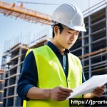 건축기술사로서의 자부심 키우기 - A professional Japanese architectural engineer in a modern construction site, wearing a clean white ...