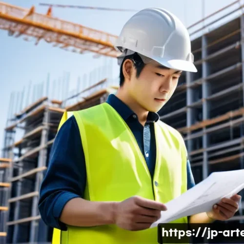 건축기술사로서의 자부심 키우기 - A professional Japanese architectural engineer in a modern construction site, wearing a clean white ...