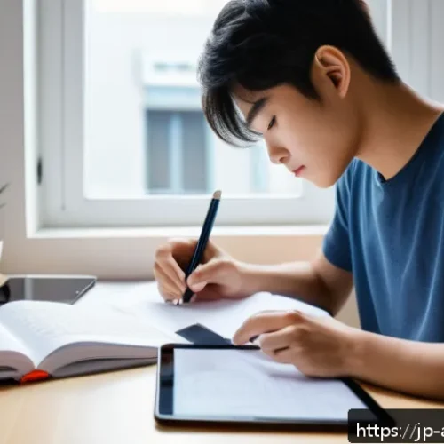 건축기술사 필기시험 단기 합격 노하우 - A focused Japanese young adult studying architecture exam materials at a clean modern desk, using a ...