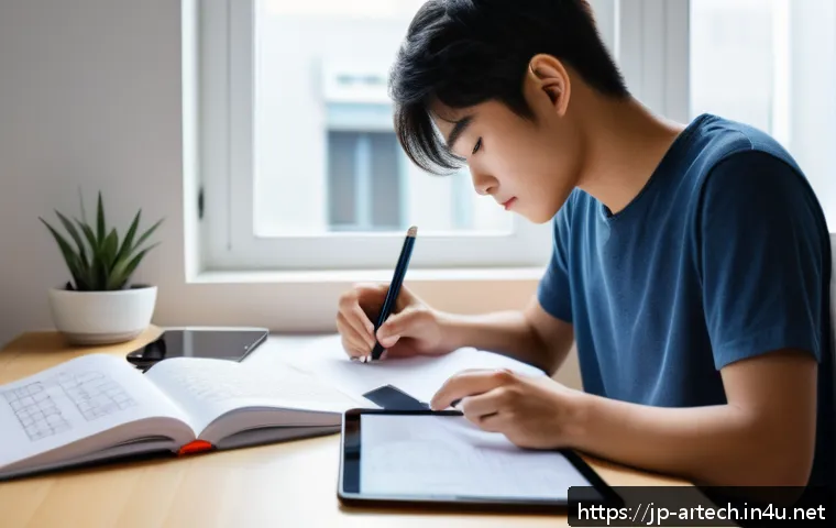 건축기술사 필기시험 단기 합격 노하우 - A focused Japanese young adult studying architecture exam materials at a clean modern desk, using a ...
