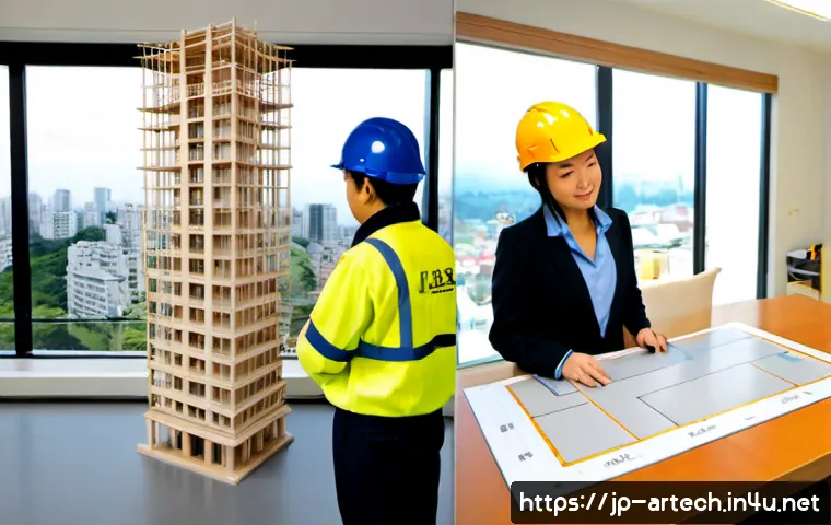 건축기술사와 실내건축기사의 차이 - Photorealistic split-scene comparison in a modern Japanese office: on the left, a senior building en...