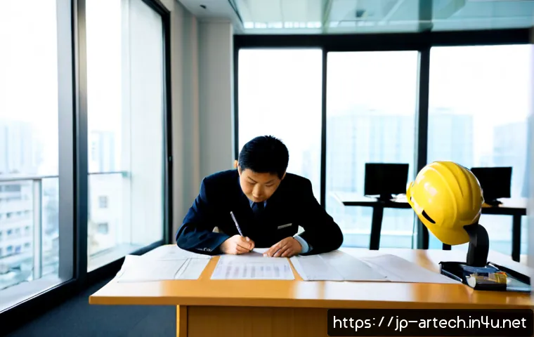 건축기술사 시험과 관련된 법적 요구 사항 - Photorealistic Japanese architectural engineer in a neat professional office, carefully reviewing un...