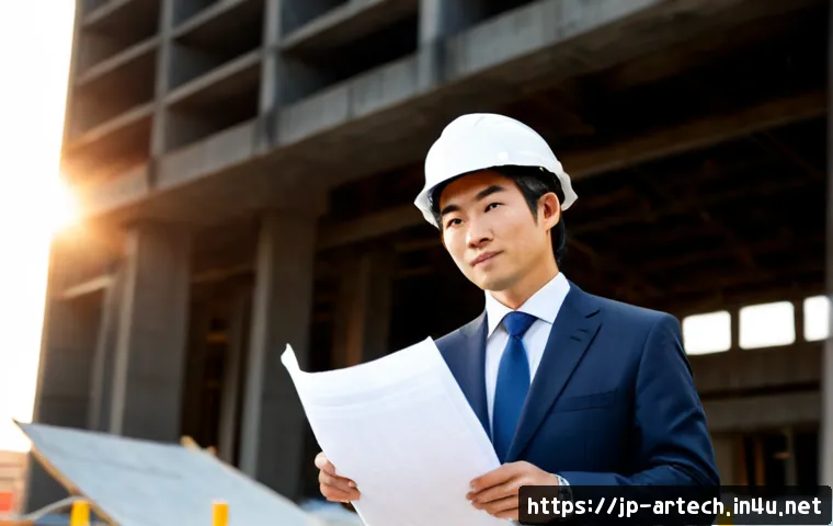 건축기술사 자격증 연봉 상승 사례 - Photorealistic Japanese architectural engineering professional in a crisp business suit and safety h...